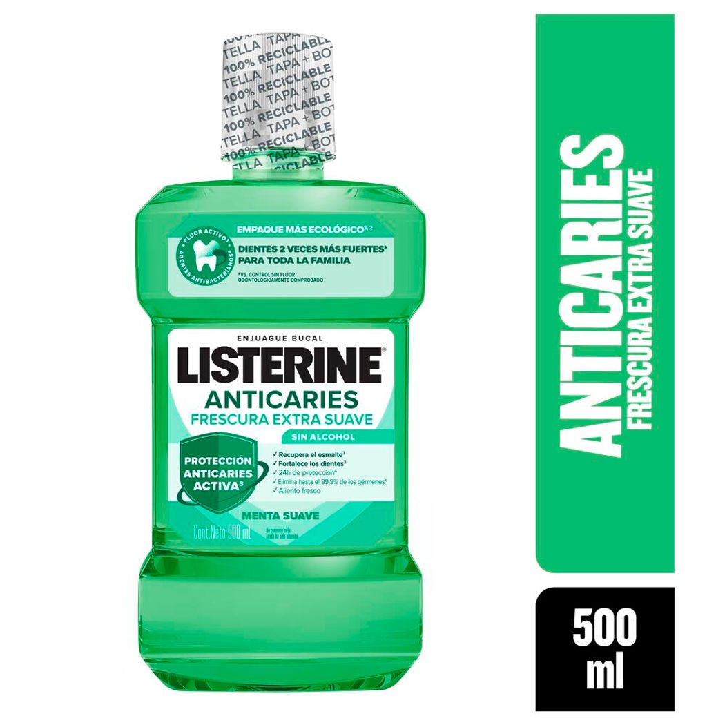 Enjuague bucal LISTERINE Anticaries Frescura Extra Suave (Sin Alcohol) 500 mL